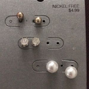 Earrings, silver studs, rhinestone, and pearl set
